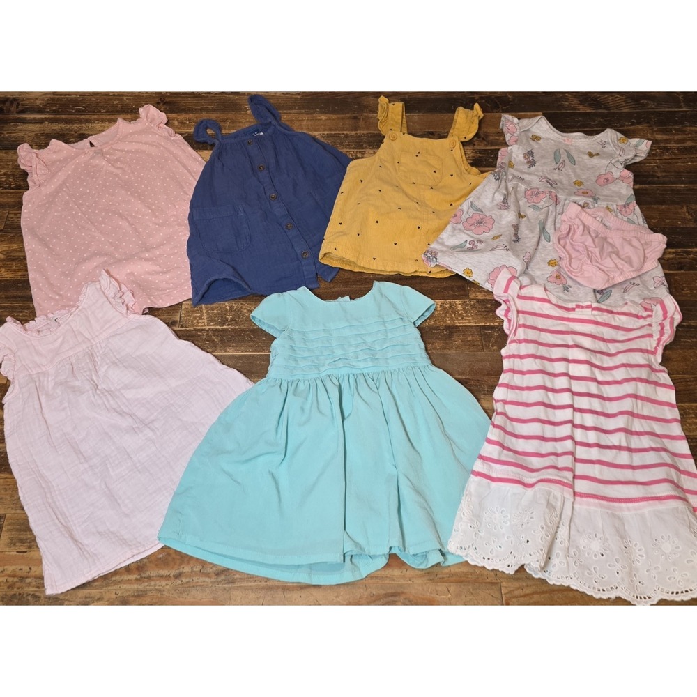 Baby Girl 6 Mo & 6-12mo Dresses 7 pc Lot Comfy Pastels One Piece Jumpers Bundle